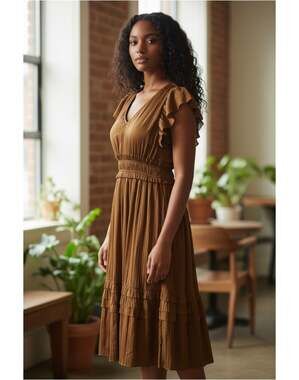 EVEREVE Roan+Ryan NWT Talulah V-Neck Ruffle Midi Peasant Gold Dress Boho Fairy